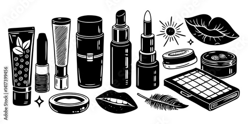 Line Art Of Colorful lip makeup collection, featuring various lipsticks, glosses, and liners with detailed textures and vibrant colors. 