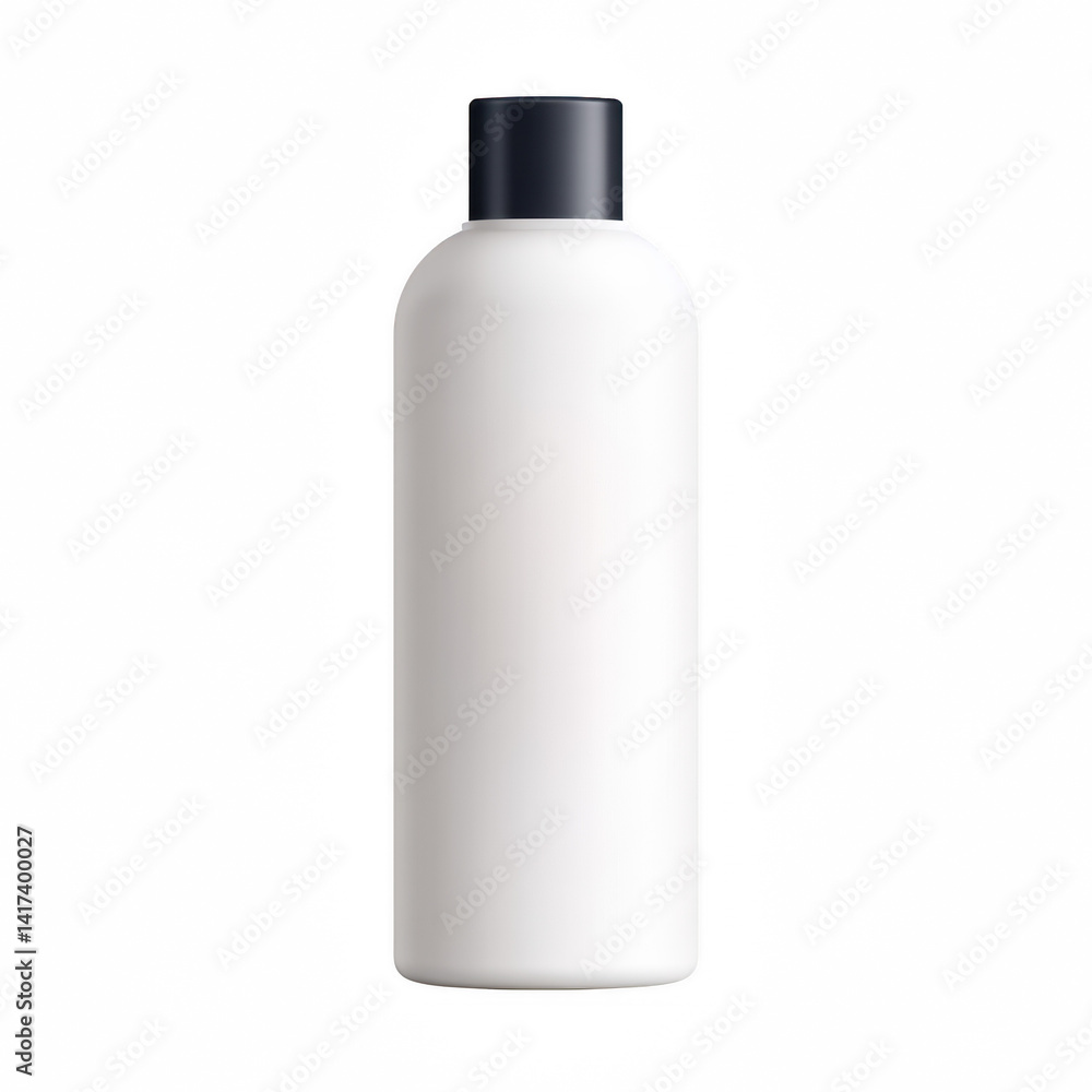 A sleek, white shampoo bottle with a black cap, designed for personal care products. A sleek, white shampoo bottle with a black cap, designed for personal care products.
