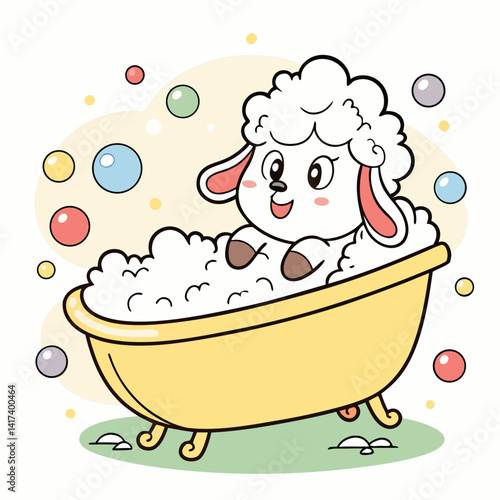 Vector cartoon cute sheep bathing in bathtub filled with foam