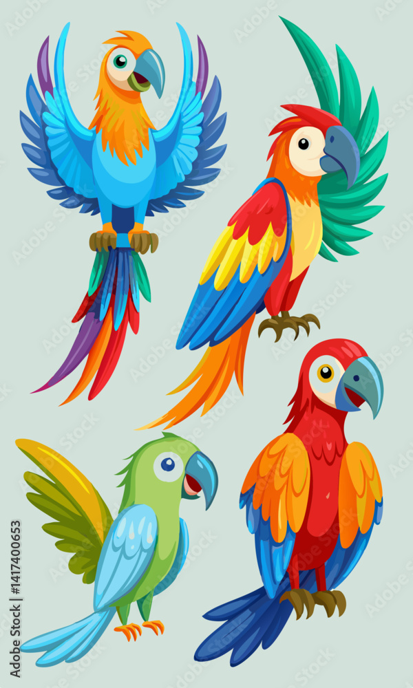 Obraz premium トロピカルな色彩と細部までこだわった、さまざまなポーズの漫画オウムの鮮やかなセット