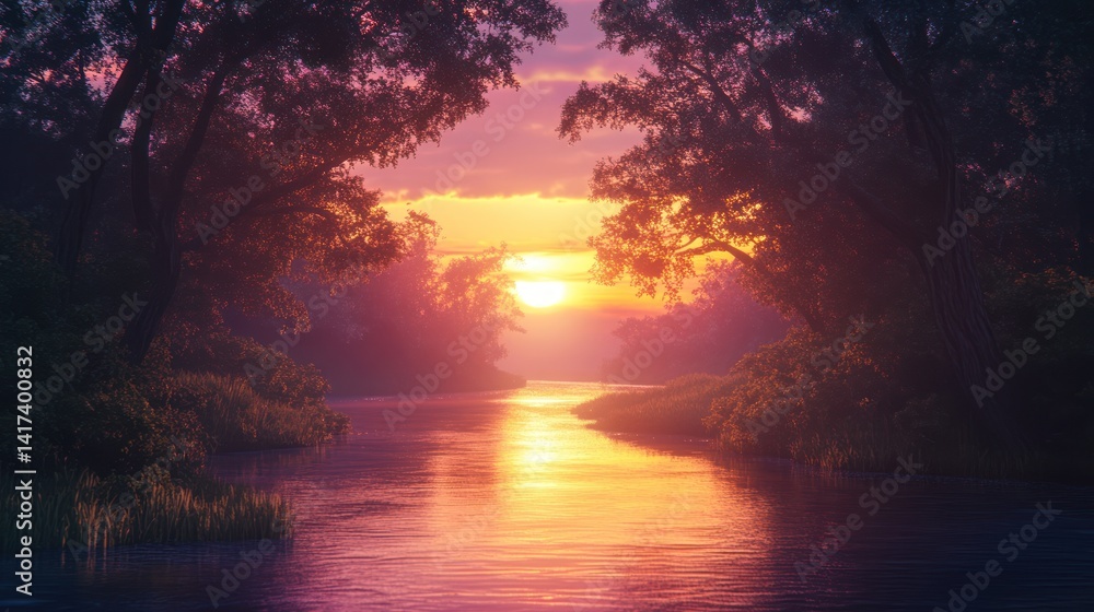 Serene river reflecting golden sunset light through the wooded riverbanks landscape Serene river reflecting golden sunset light through the wooded riverbanks landscape