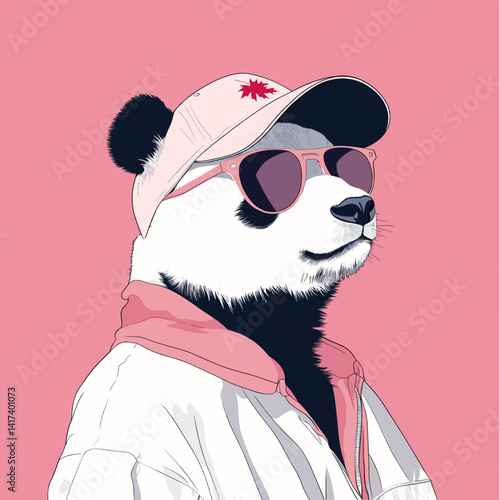 A minimalist panda wearing a baseball cap turned backwards, with maple‑leaf patterned sunglasses, bold strokes and negative‑space detailing