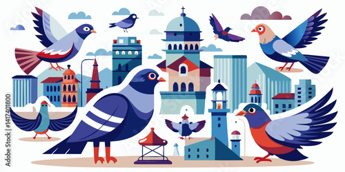 Urban pigeons flying and interacting with their environment in the city streets. City birds navigating between buildings, searching for food in urban settings.