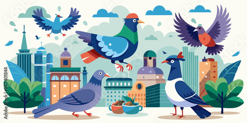 Urban pigeons flying and interacting with their environment in the city streets. City birds navigating between buildings, searching for food in urban settings.