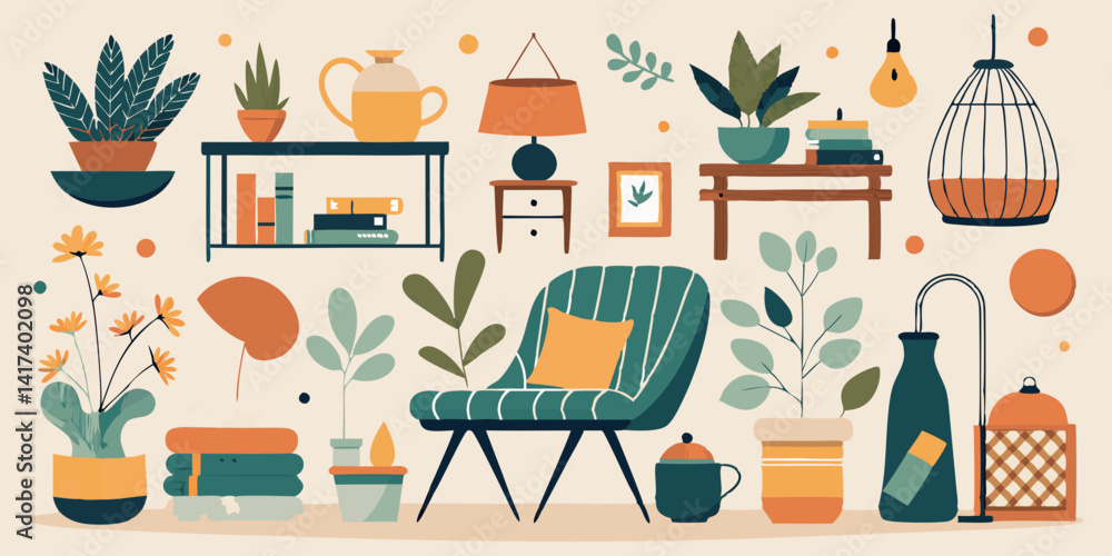 Fototapeta premium Scandinavian living room with modern cozy furnishings, leafy houseplants and warm textile accents. Minimal home design with nordic furniture, natural textures, and neutral color palette.