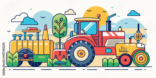 Cheerful cartoon tractor and plow working together on vibrant farm field. Colorful harvester with smiling face collecting crops in bright sunny rural landscape.

