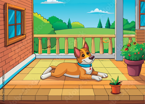 Happy dog relaxing on patio.