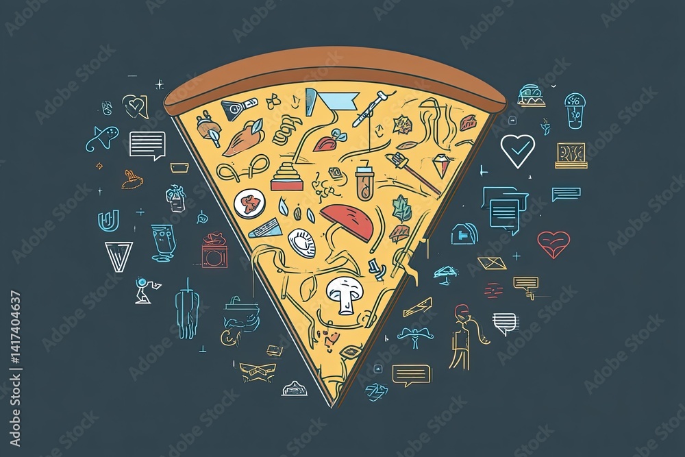 Pizza slice with various icons or infographic elements