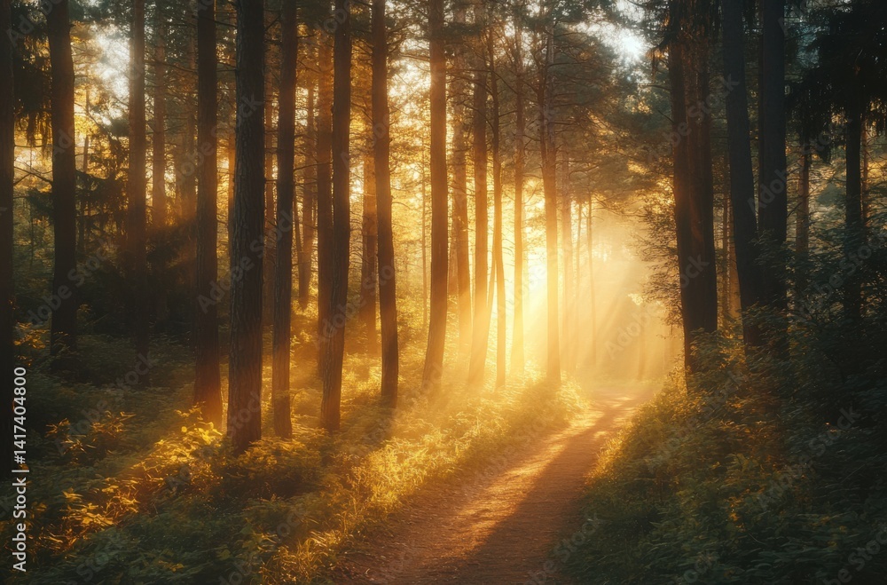 8K atmospheric pine forest trail, golden sunlight 8K atmospheric pine forest trail, golden sunlight
