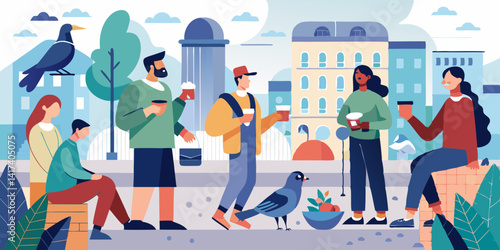 People birdwatching in urban city park surrounded by pigeons and sparrows