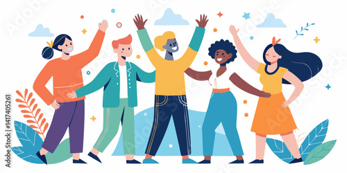 Diverse team of professionals high fiving and hugging in modern office. Multicultural coworkers celebrating teamwork, unity, collaboration, mutual support and group success