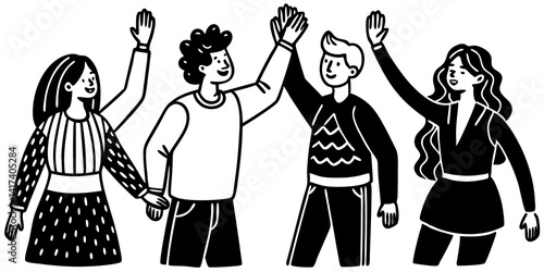 Line Art Of Diverse team of professionals high fiving and hugging in modern office. Multicultural coworkers celebrating teamwork, unity, collaboration, mutual support and group success