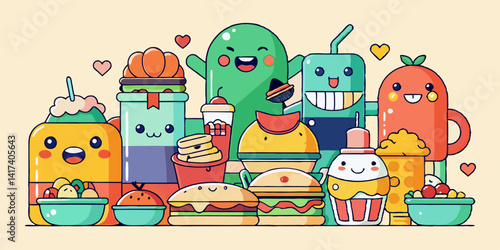 Cartoon characters eating sushi, burgers, and pastries at cozy food court.