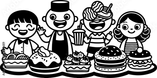 Cartoon characters eating sushi, burgers, and pastries at cozy food court.