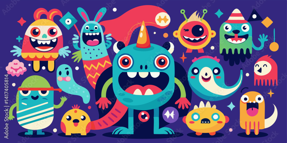 Playful colorful monsters set with big eyes and funny faces. Abstract cartoon creatures with cheerful expressions, friendly monsters characters for kids illustrations, stickers, and games.
Playful colorful monsters set with big eyes and funny faces. Abstract cartoon creatures with cheerful expressions, friendly monsters characters for kids illustrations, stickers, and games.