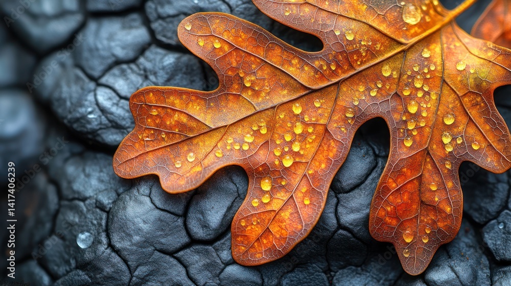 Fototapeta premium Autumn leaf on textured rock