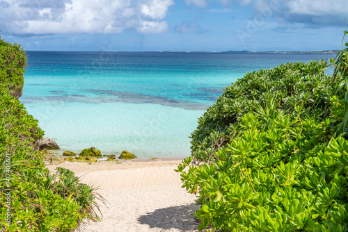 Obraz na płótnie Lush greenery frames a pristine beach and turquoise waters in Okinawa, Japan w salonie