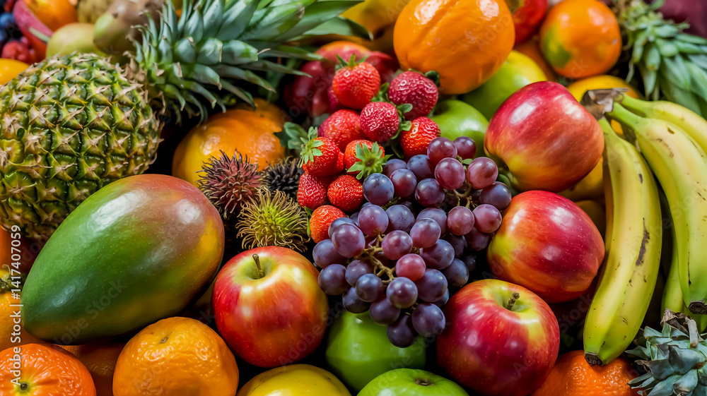A vibrant close-up photograph of fresh fruits arranged in a colorful composition. In the center, there are deep purple grapes and bright red strawberries with green stems A vibrant close-up photograph of fresh fruits arranged in a colorful composition. In the center, there are deep purple grapes and bright red strawberries with green stems