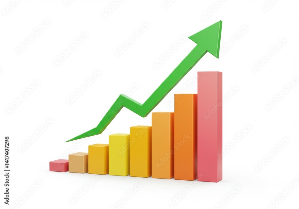 Colorful bar graph with a green arrow pointing upwards isolated on white background Colorful bar graph with a green arrow pointing upwards isolated on white background