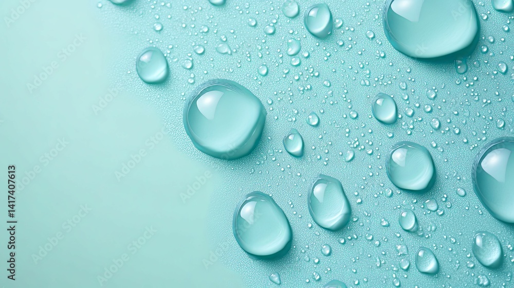 Delicate water droplets on a light teal surface. Delicate water droplets on a light teal surface.