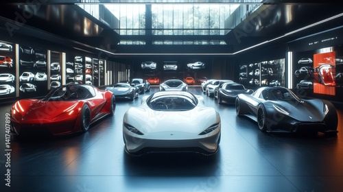 Luxurious Collection of Sports Cars in Modern Exhibition Hall