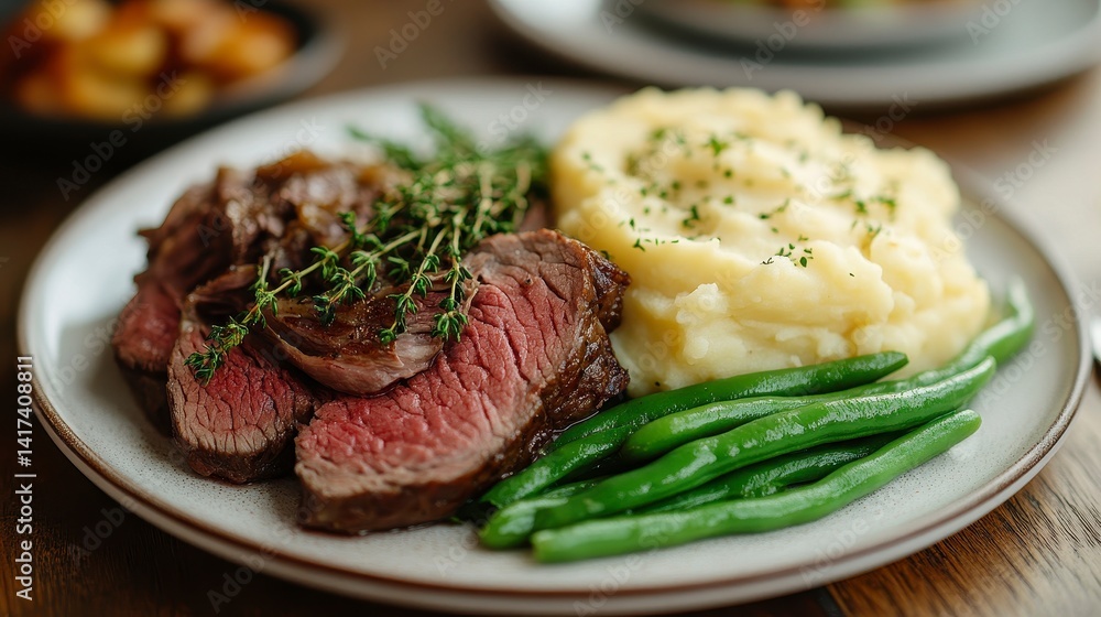 Delicious Roast Beef with Mashed Potatoes and Green Beans Delicious Roast Beef with Mashed Potatoes and Green Beans