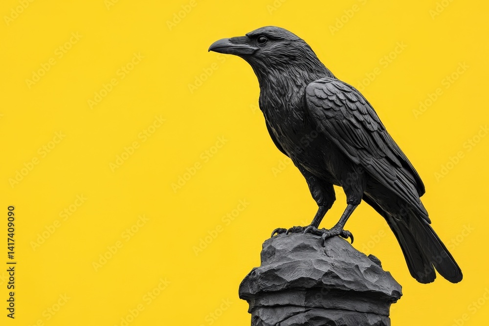 Fototapeta premium Raven perched atop a weathered stone column against a vibrant yellow background.