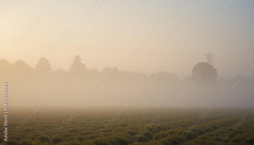 Fototapeta premium Mysterious fog blanketing rural fields at dawn nature photography serene environment wide-angle view ethereal landscape