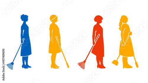 Four Colorful Silhouettes of Women Cleaning with Brooms and Mops