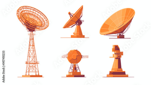 Pixel Art Illustration of Orange Satellite Dishes and Antennas