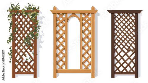 Three Wooden Trellises Designs: Brown Garden Structures for Climbing Plants