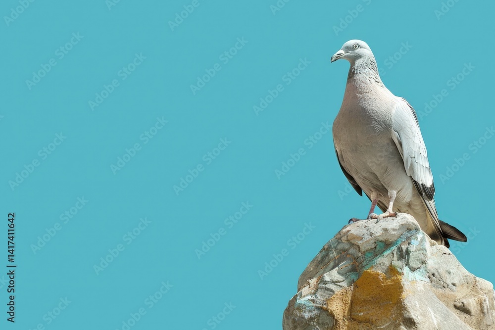 Obraz premium Grey pigeon perches atop a rock against a vibrant turquoise sky.