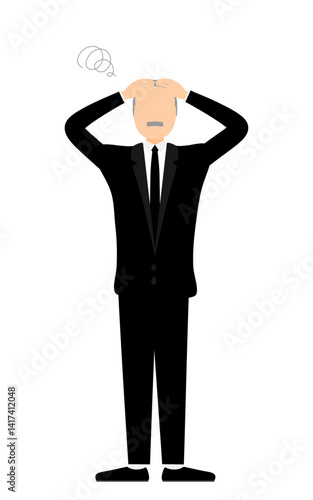 Simple illustration of a senior man in mourning worry with one's head in the sand