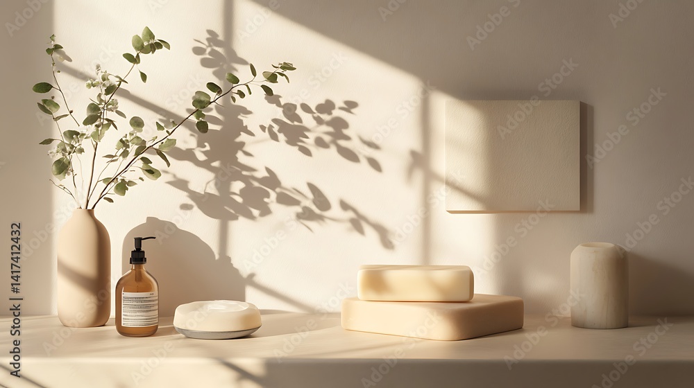 Beige Bathroom Still Life Soap, Dispenser, Eucalyptus Branch and Minimalist Decor Beige Bathroom Still Life Soap, Dispenser, Eucalyptus Branch and Minimalist Decor