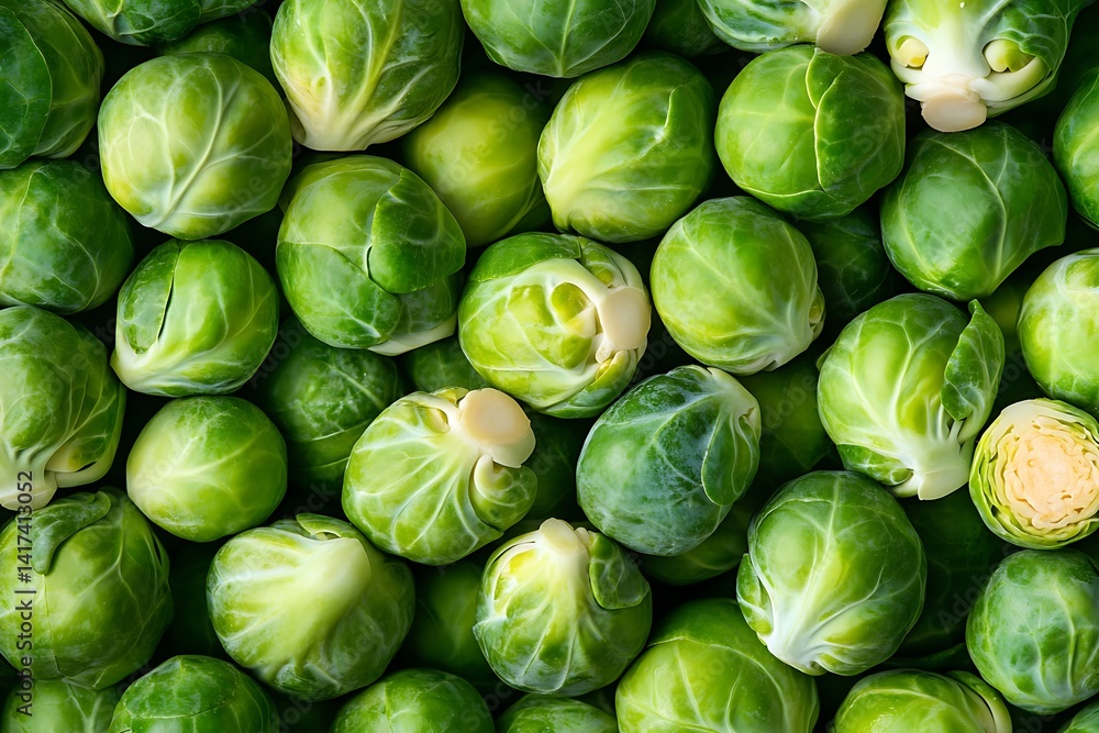 Closeup of Green Brussels Sprouts Heap, Macro View of Fresh Food, Healthy Diet Closeup of Green Brussels Sprouts Heap, Macro View of Fresh Food, Healthy Diet