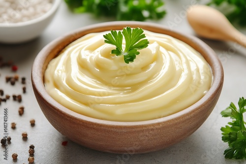 Creamy Light Yellow Sauce in Wooden Bowl with Parsley, Near Parsley and Salt