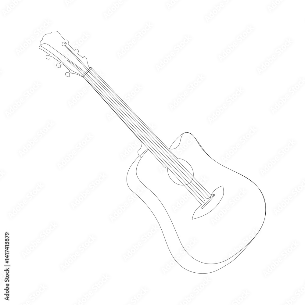 Obraz premium Continuous line drawing of a man playing guitar musician. Minimalist style vector illustration. Detailed one line drawing of a musical stringed guitar instrument illustration