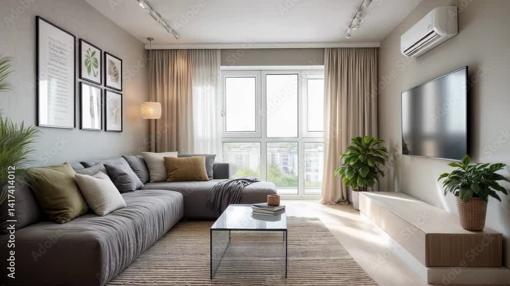 Stylish modern living room design with large windows and comfortable seating area for relaxation Stylish modern living room design with large windows and comfortable seating area for relaxation