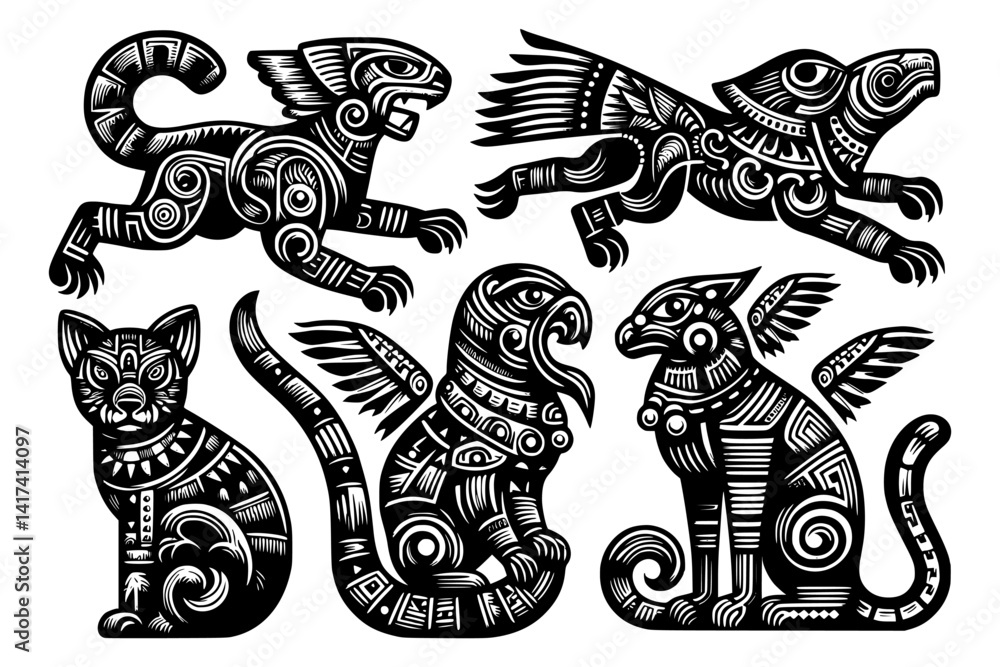 Fototapeta premium mayan cat ornament vector art, Detailed and aesthetic Mayan style cat ornament vector art. Perfect for historical, creative designs or unique decorations that blend ancient and modern cultures.