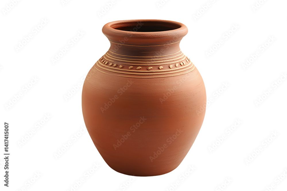Earthenware Vessel: Round Clay Pot with Banded Design, Isolated on White. Earthenware Vessel: Round Clay Pot with Banded Design, Isolated on White.