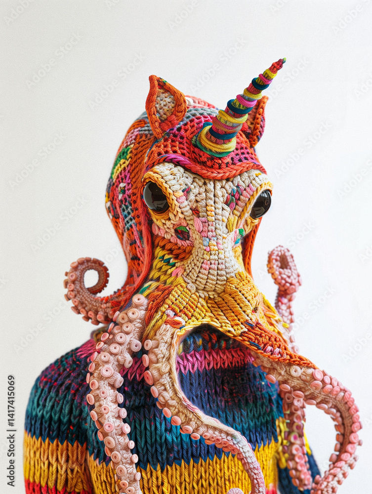 Obraz premium Colorful Octopus Costume with Unicorn Horn Featuring Intricate Crochet Design