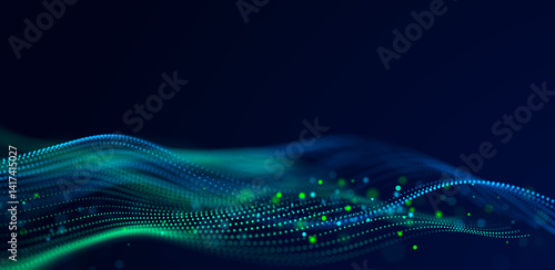 Abstract bright wave of glowing particles. The flow of musical sounds. Big data visualization. 3d rendering.