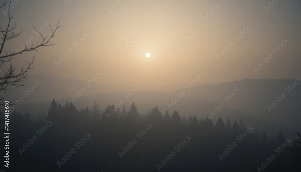Fototapeta premium Golden sunrise over misty forested landscape nature photography tranquil environment serene viewpoint peaceful concept for relaxation and inspiration