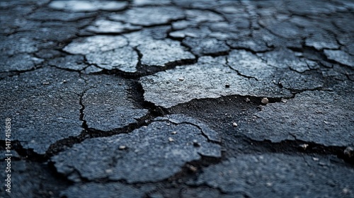Cracked asphalt with pockmarked surface, showcasing the rough texture of a vintage damaged highway. 