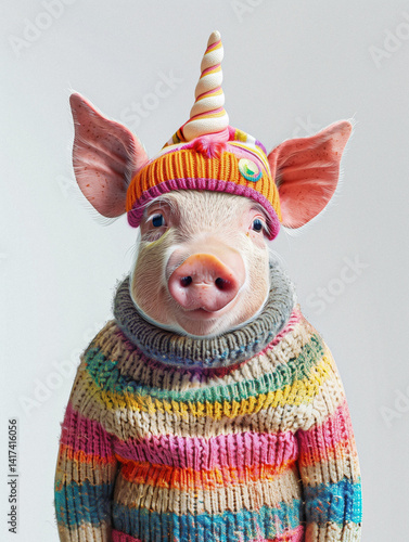 Adorable Piglet Dressed as a Unicorn in Colorful Cozy Knitted Clothes