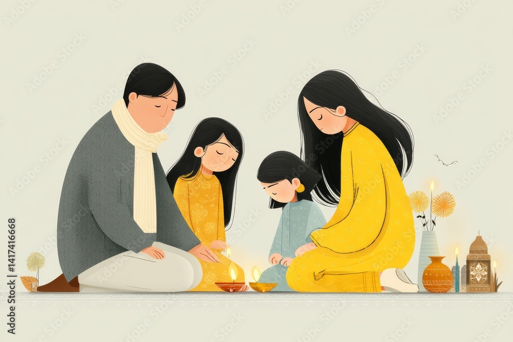 Fototapeta premium Illustration of Indian family celebrating Diwali by lighting diyas together