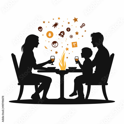 Family enjoying drinks around a table with warm colors