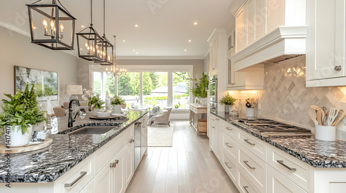 Bright airy kitchen with dark stone countertops white cabinets and island seating near windows overlooking lush green