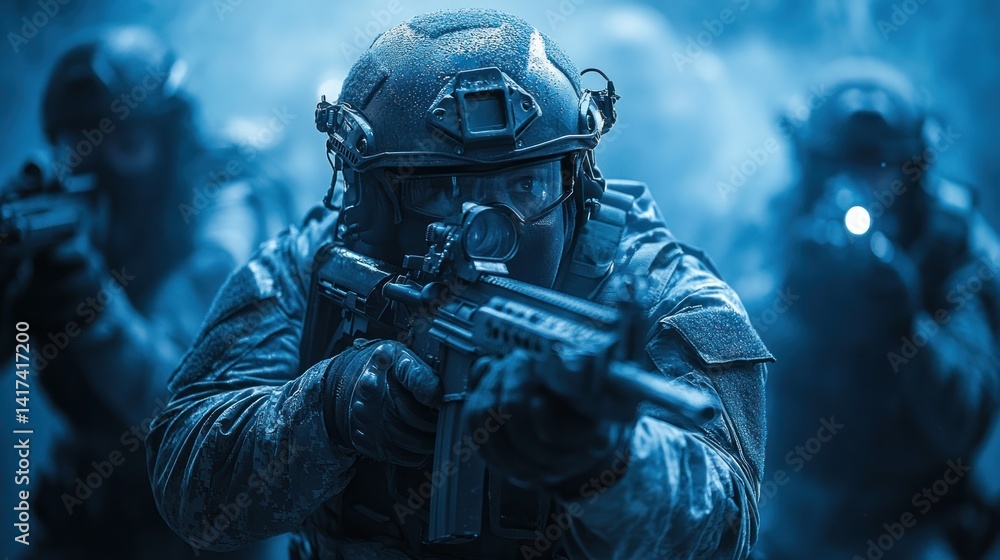 SWAT Team Operation: Blue-toned Close-up of a Soldier in Action SWAT Team Operation: Blue-toned Close-up of a Soldier in Action