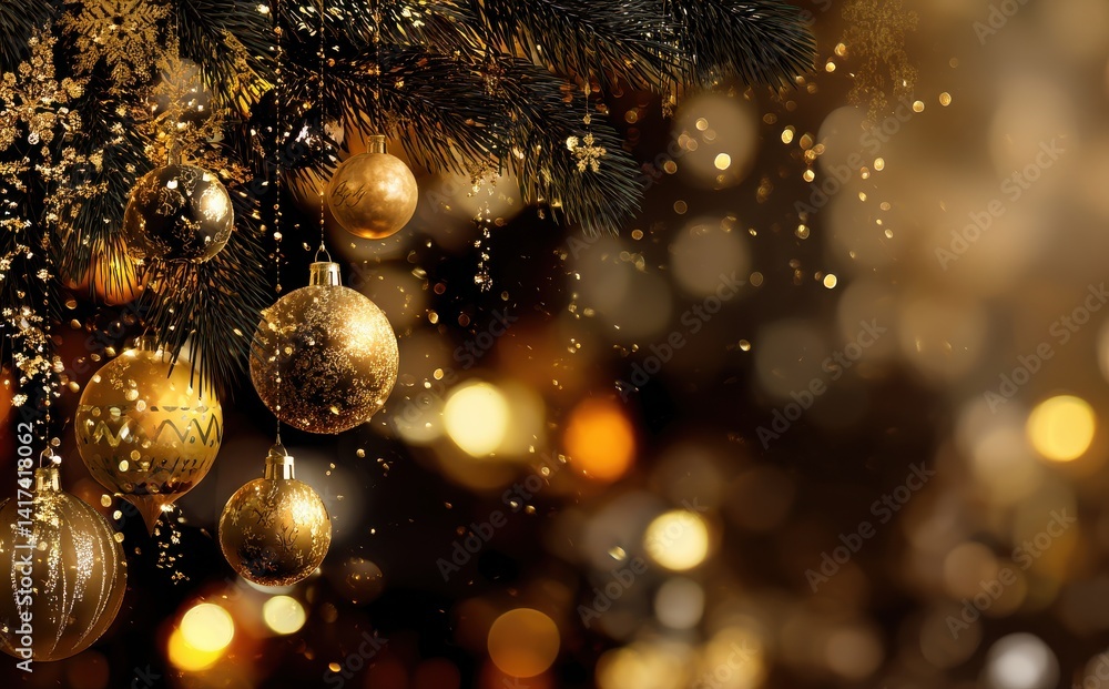 Golden Christmas ornaments sparkle against a softly blurred background of warm lights. Festive and elegant. Golden Christmas ornaments sparkle against a softly blurred background of warm lights. Festive and elegant.